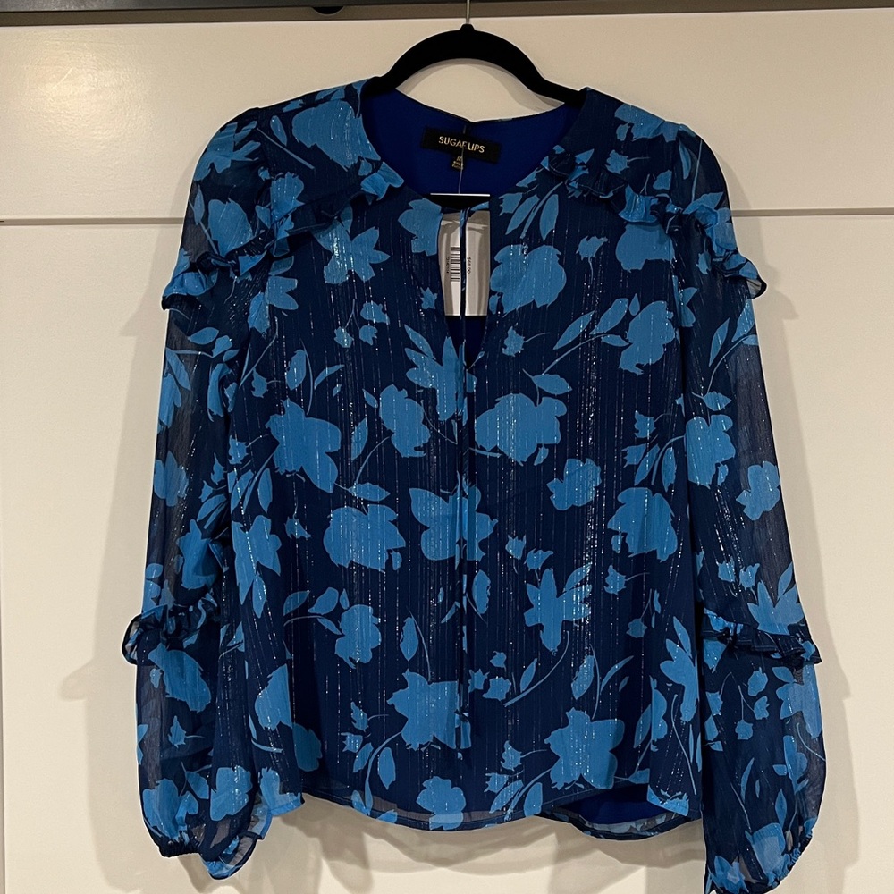 Sangria NWT Blue Floral Blouse
